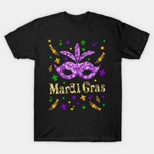 Mardi Gras 2024  Womens Girls Mask Beads New  Party T-Shirt